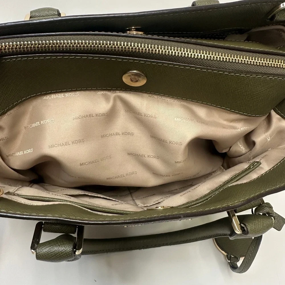Michael Kors Signature Logo Satchel Brown Olive Green Two Tone Handbag Gold HW